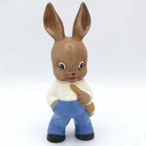 Vintage Mid Century Glossy Ceramic Bunny Figurine Holding Carrot 1950   24